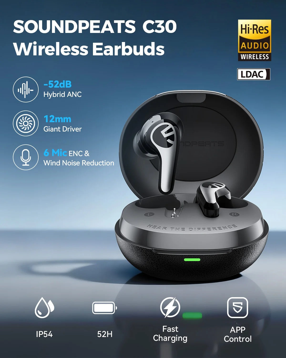 Audífonos Bluetooth Hi-Res TWS ANC SoundPEATS C30