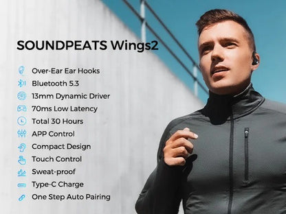 Audífonos Deportivos Bluetooth 5.3 SoundPEATS Wings2 Ganchos