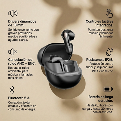 Audífonos Bluetooth Hi Res 26Hrs ENC SoundPEATS Air5 Lite